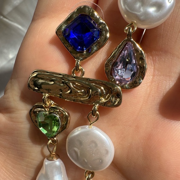 Vintage colourful rhinestone Gold and Gemstone Drop Earrings - Picture 10 of 10